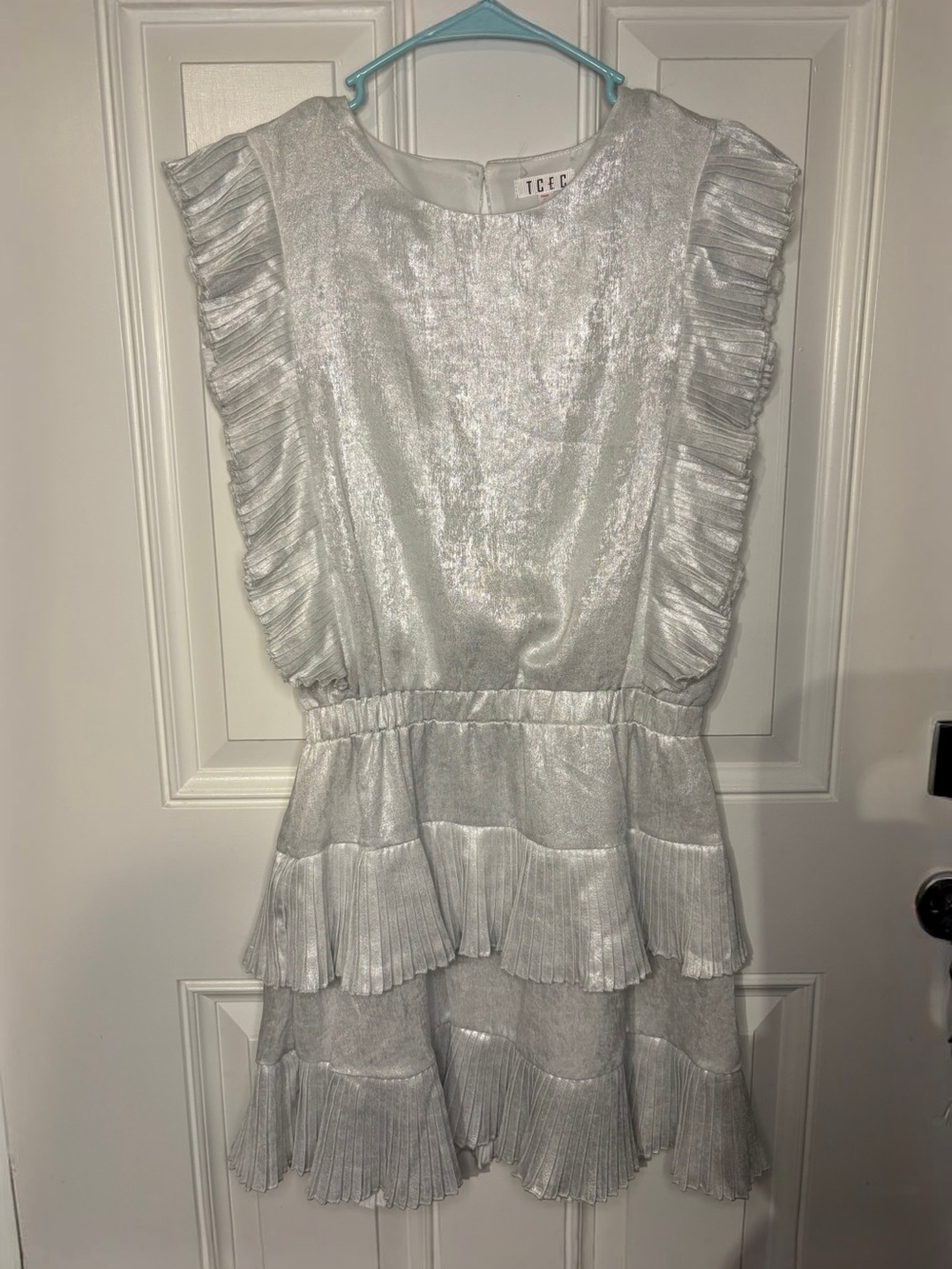 TCEC Silver Shimmer Pleated Ruffle Tier Dress